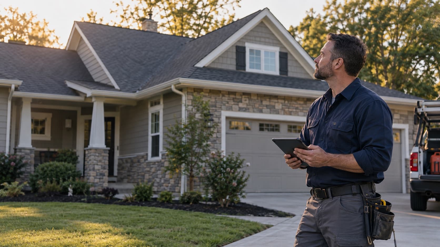 Illustrative contractor reviewing a residential roof project with a tablet